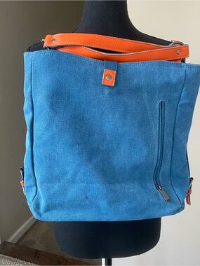 Ruyihuang Blue Canvas Tote with Orange Leather Accents